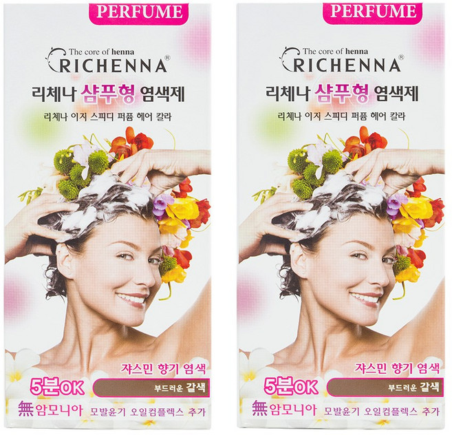 리체나 퍼퓸 새치전용 샴푸형 염색제, 부드러운 갈색, 2개