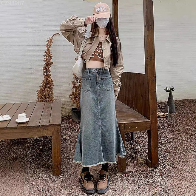 新款復古藍美式魚尾牛仔長裙 女高腰顯瘦毛邊包臀裙