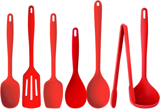 더하리 국산 플래티넘 실리콘 조리도구 7종 세트, 1세트, 레드, 볶음스푼+다용도스푼+깔끔주걱+국자+뒤집개+밥주걱+집게