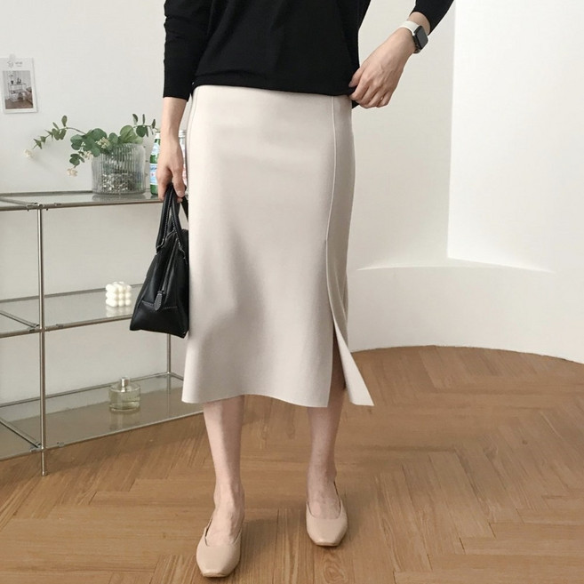 여성 H라인 밴딩 슬림핏 사이드 트임 미디 스커트 빅사이즈 데일리 오피스룩 국내제작