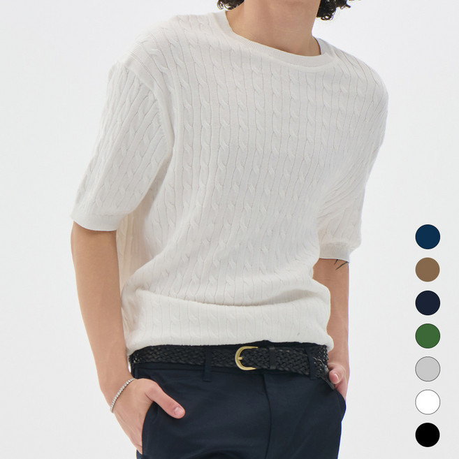 트래드클럽 남자 케이블 라운드 사계절 반팔 니트 티셔츠 (7컬러 M~5XL)
