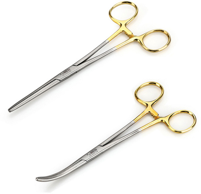의료용겸자 겸자가위 모스키토 골드핸들 니들홀더 골드 켈리 18cm, 1개, 03-033-18G 곡