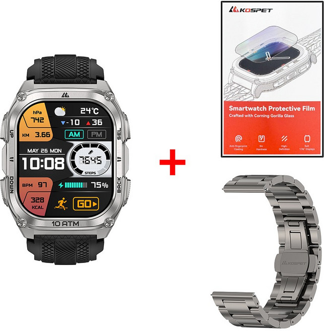 KOSPET 스테인리스 스틸 10ATM IP69K 방수 군용 인증 듀얼 주파수 GPS 오프라인 지도 500mAh 6 개의 위성 위치 결정 시스템 TANK M4 스마트워치, GPS + 블루투스, 4.98cm, silver n strap film