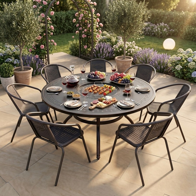 야외 고기 테이블 불판 숯불 바베큐 식탁 원형 테라스 마당 야외 정원 탁자, 120cm 원탁+가로줄무늬 의자 4개