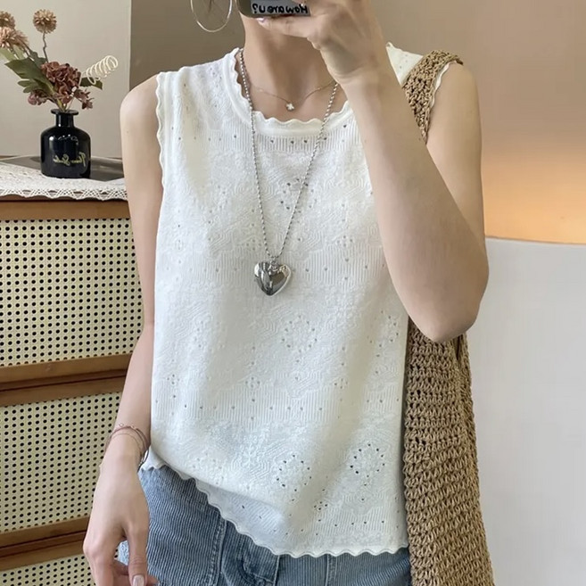 COSYEVNO 여성 여름 니트 레이스 민소매 블라우스 스캘럽 넥 라운드넥 캐주얼 Tzkmmbx-1