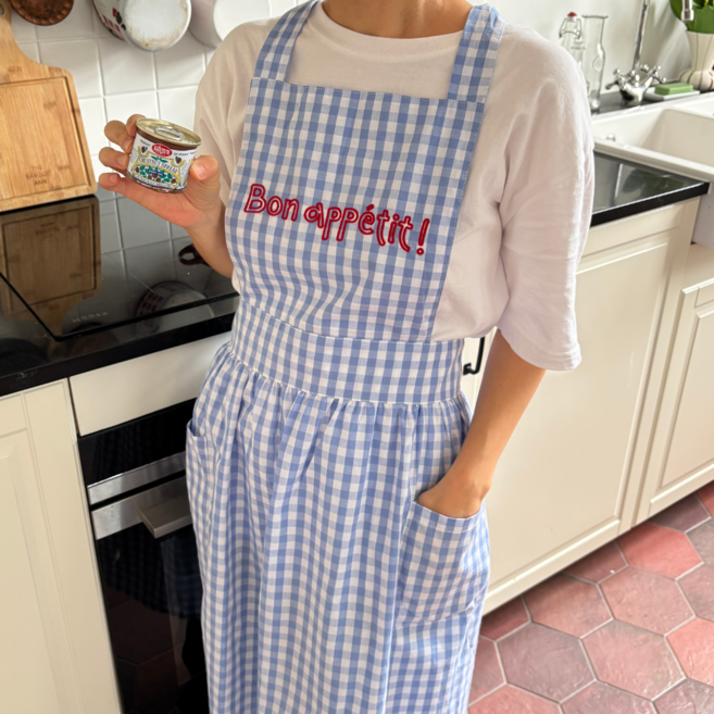 론드흐 프렌치 레터링 주방 카페 예쁜 앞치마, 1개, 코튼 체크(스카이블루)