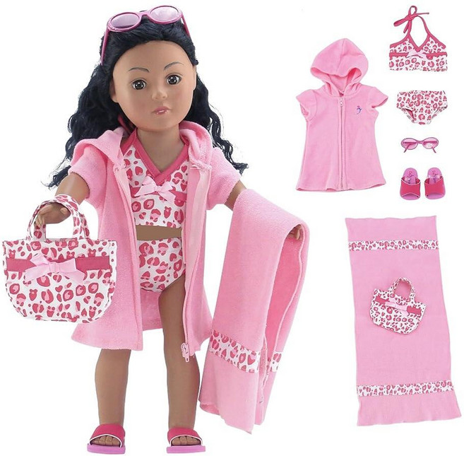 Emily Rose 45.7cm(18인치) 인형 수영복 - 6피스 핑크 레오파드 탱키니 비치 세트 액세서리 포함 | 미국 소녀 호환 | 홀리데이 인형 옷 선물 번들