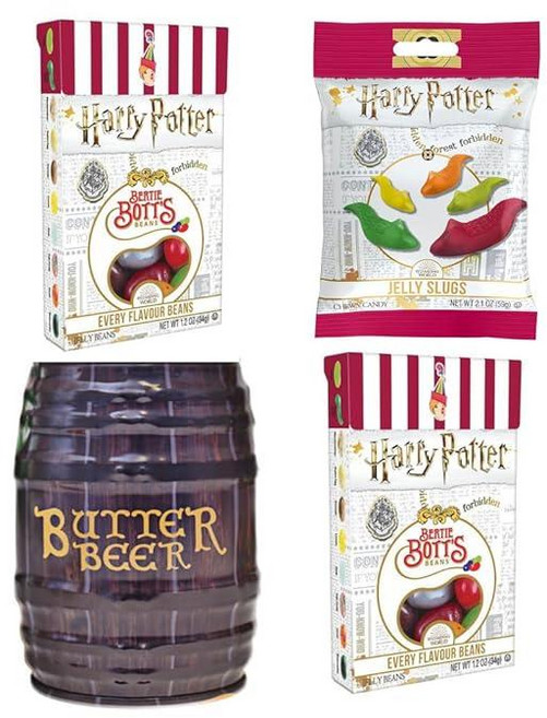 젤리 벨리 해리 포터 제품 4종 세트 (버터비어 배럴 틴 케이스 버티 보트의 모든 맛 젤리빈 젤리 슬러그 츄이 캔디), 1개, 250g
