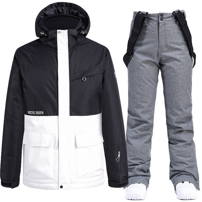 여성 스키복세트 여자 스노우 보드복 방한방풍 상하의, 1개, 흑백 상의+그레이 바지 L