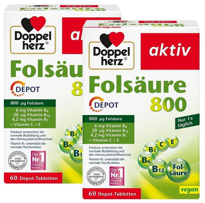 도펠헤르츠 엽산 800 비타민C B6 B12 Doppelherz Folic Acid, 2개, 60정