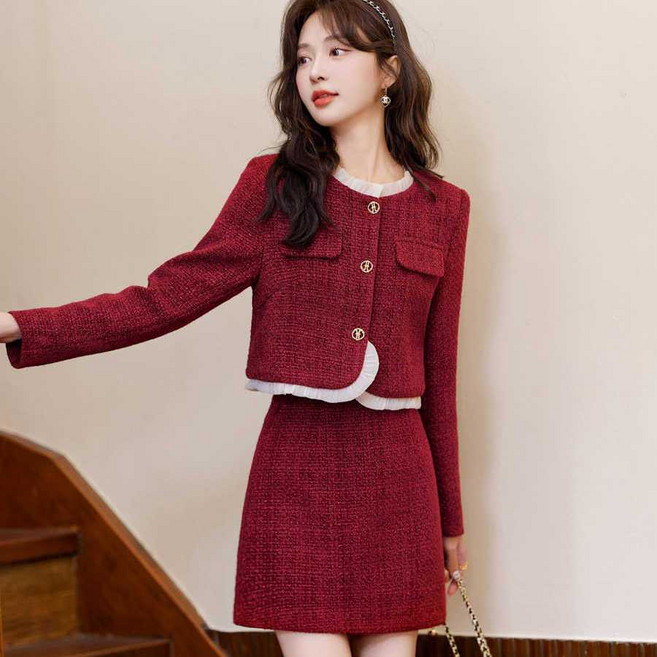 봄 가을 여성 소향풍 세트 캐주얼 긴팔 라운드 자켓 + 하이웨이스트 미니 치마 상하의 투피스 기질 여자 세트 CY