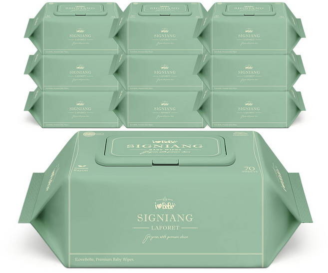 9위 - 아이러브베베 시그니앙75 라포레 70매 10팩 캡형 75g 고평량 엠보 아기물티슈, 10개