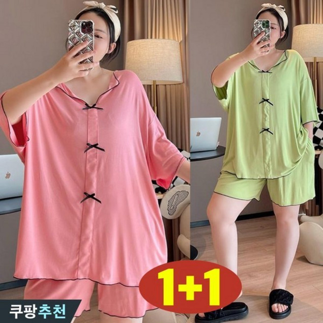(완전 편한) 150kg까지 1+1 여성 핑크 리본 반팔 티 숏팬츠 잠옷바지 세트 여름 추천 빅사이즈 박시 스판 얇은 시원한 그린 검정 홈웨어 실내복 3xl 여자 수면잠옷 투피스