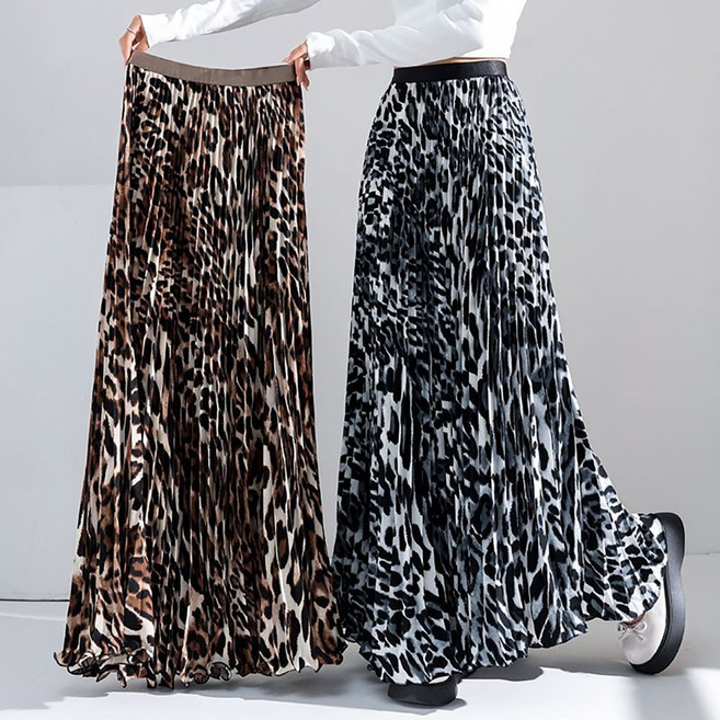 로르카 여성 레오파드 패턴 플리츠 밴딩 하이웨스트 롱 A라인 스커트 S031624