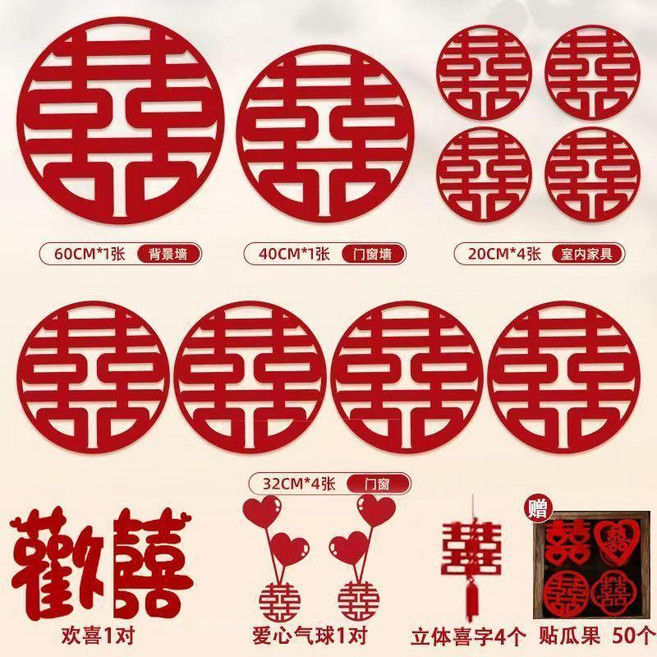喜字套裝結婚專用婚禮大喜字貼囍字窗戶新房婚房佈置婚慶用品大全 副廠商品, 網紅圓喜, 1個
