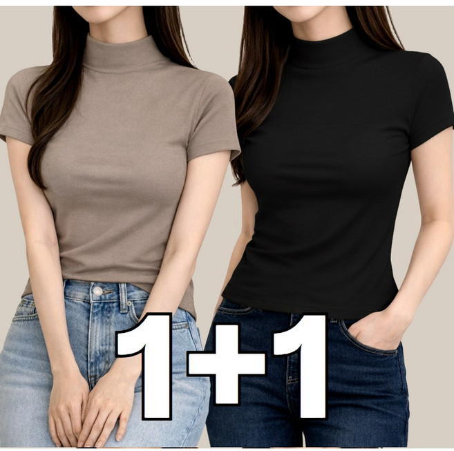 아쥬르 여성 하프넥 캡소매 반팔 반목 티셔츠 1+1