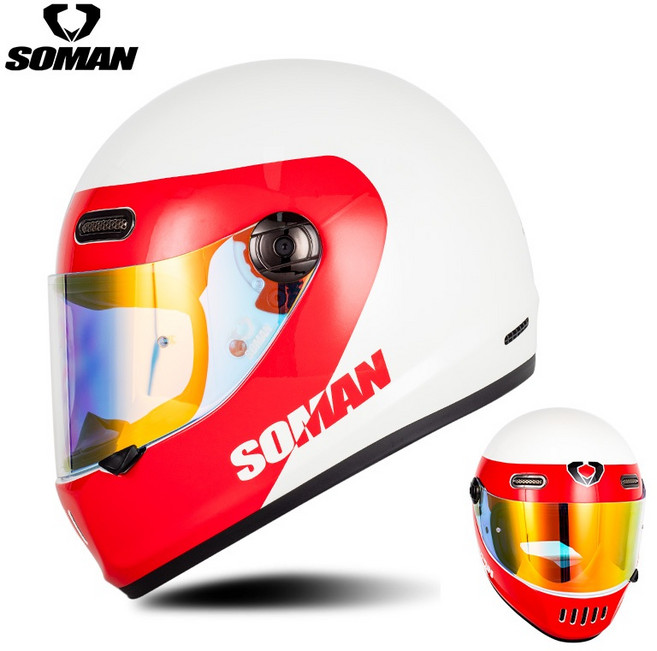 soman H9 全罩式復古安全帽 DOT/ECE認證, WHITE RED EQUATOR