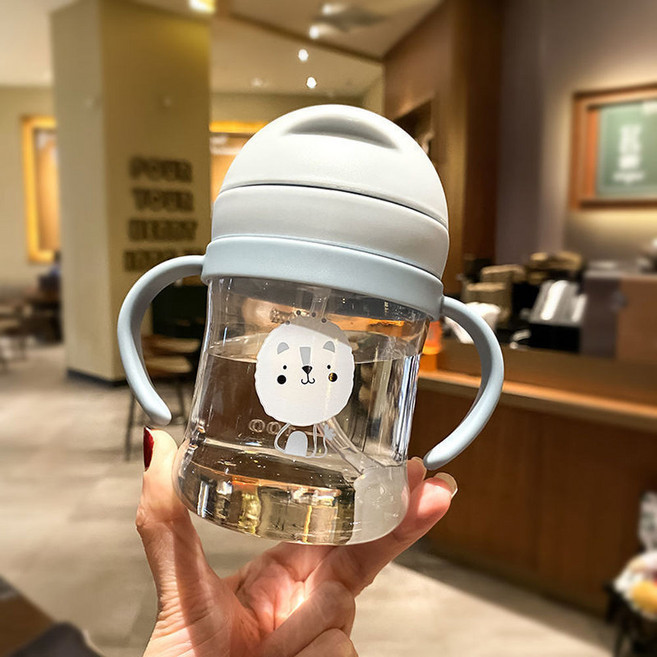 寶寶吸管水杯 可愛河馬造型 附刻度, 藍色, 1套, 250L