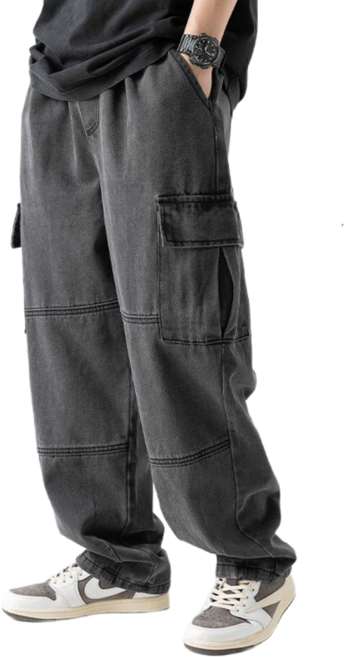 제트디디 남자 복고 입체 세미 와이드 밴딩 카고 데님 팬츠 청바지
