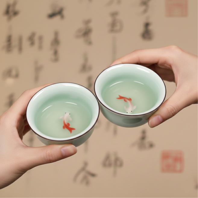 모던데이 도자기 대만 물고기 술잔, 1개, 청자