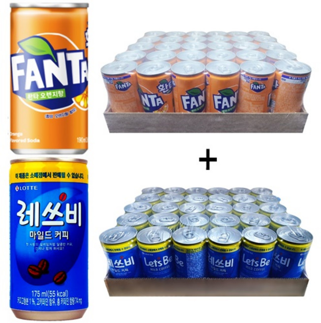 환타오렌지 190ml(30캔) + 레쓰비 마일드커피(업소용) 175ml(30캔), 60개, 190ml