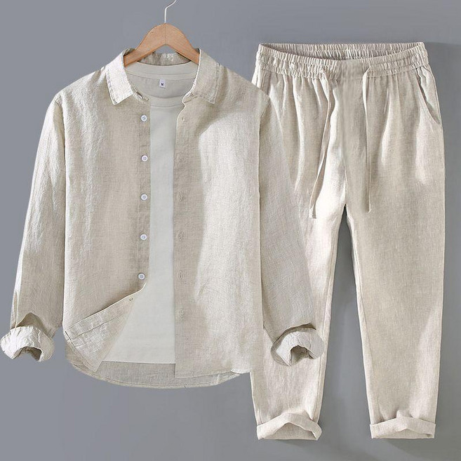 COSYEVNO 남성 면마 셔츠 세트 루즈핏 긴팔 남방+바지 투피스
