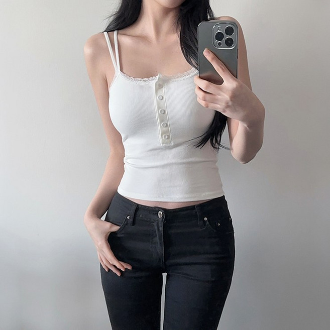 어나더뷰 2986 리민 레이스 끈나시 버튼 캡내장 민소매 슬리브리스