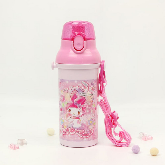 마이멜로디 스위트 은이온 원터치 물통 480ml 어깨끈 항균 물병 유아 어린이 스트랩 보틀 급식, 단품, 1개