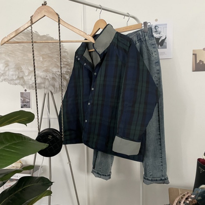 [리리모드] 양면 체크 바스락 숏 점퍼 유니크한 리버시블 배색 바람막이 자켓 여성 봄 야상