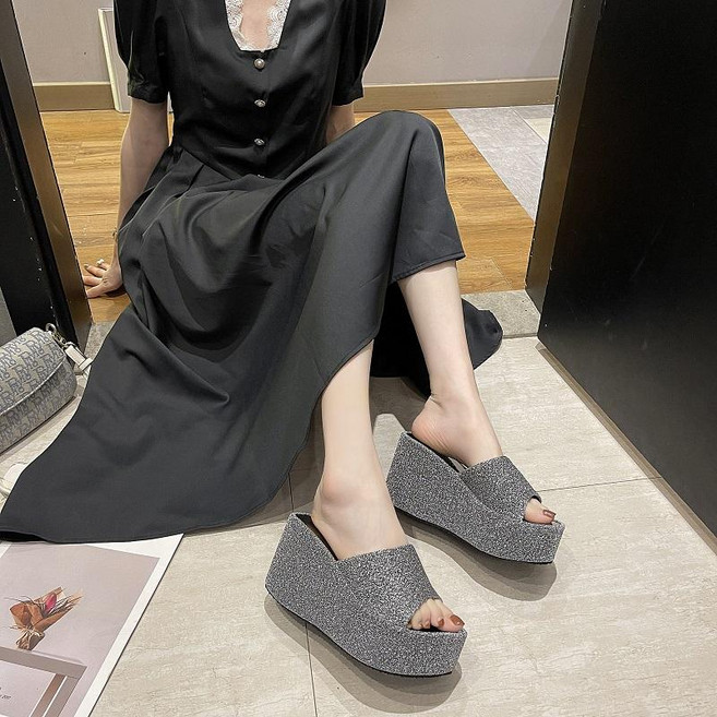 8cm 여성 키높이 슬리퍼 통굽 샌들 블로퍼 플랫폼 뮬 반짝이