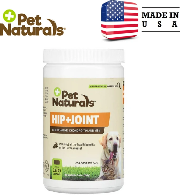 Pet Naturals 힙 플러스 조인트 반려견 및 반려묘용 츄어블 160정 240g (8.46 oz), 강아지/고양이 성장, 1개 - 쿠팡