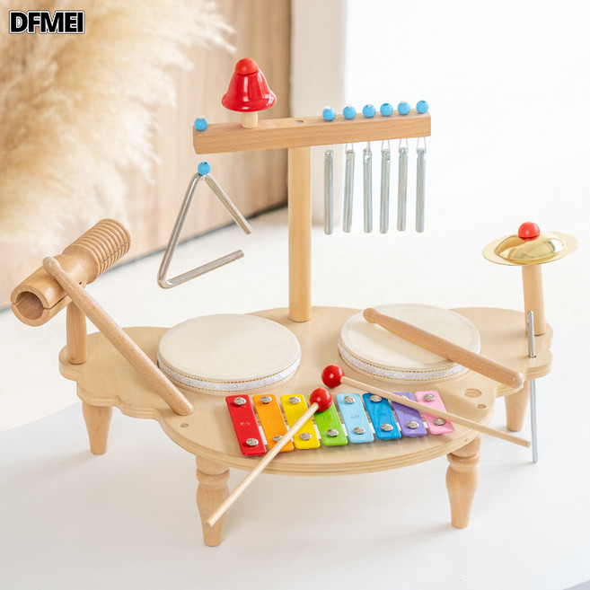 QRU 兒童木製奧爾夫音樂打擊樂器敲琴打鼓敲鑼寶寶手拍鼓益智玩具, 1個, 多功能音樂臺【升級款】1.7kg