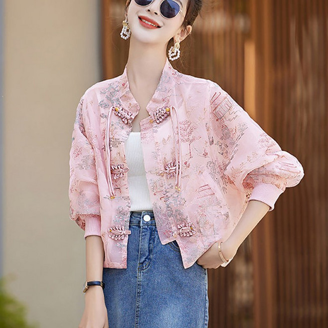ORZQU 여름 여자 캐주얼 루즈핏 자수 긴팔 숏 상의 바캉스 개량한복