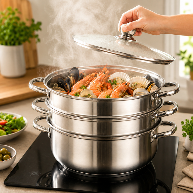 7위 - 눕눕 3단 스테인레스 인덕션 찜기 전골 냄비 다용도 주방 만능 찜솥, 1개, 28cm