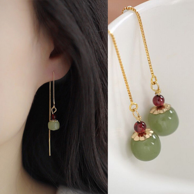 티큐 재물 금전 행운 비취 옥 롱 드롭 귀걸이 A2359