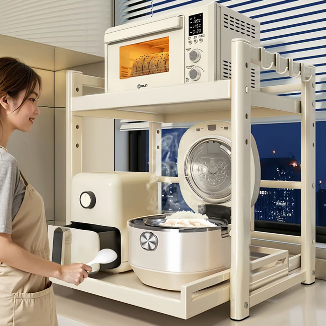 라온프리 높이조절 슬라이딩 전자레인지 선반, 화이트, 1개