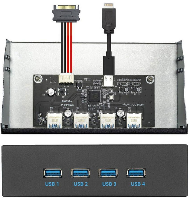 Xiwai 10Gbps 4 포트 HUB 전면 패널 USB 3.1 타입 A 및 C - 마더보드 E 커넥터 케이블 5.25인치 CD-ROM 베이 트레이용 285027, Xiwai 10Gbps 4 포트 HUB 전면 패널 US