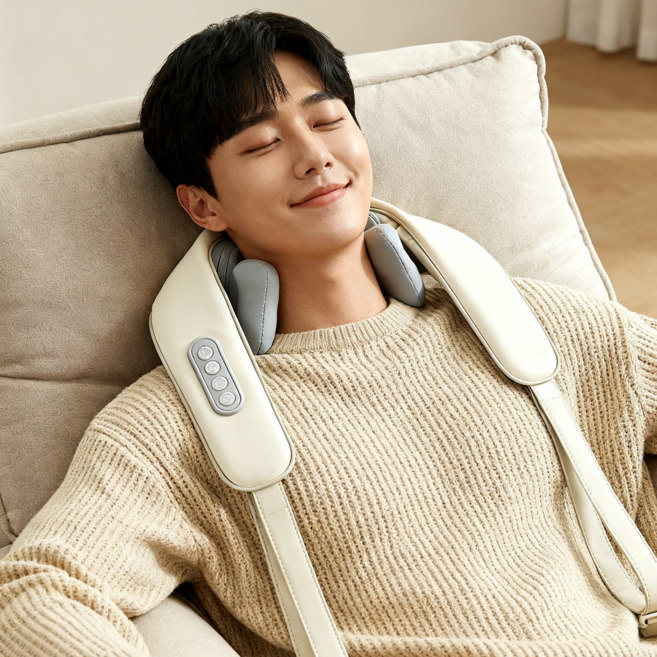 EXTEDRG 무선 어깨마사지기 대용량 전지 발열 기능 탑재 6개의 마사지볼 승모근 마사지기 목 어깨 안마기, KL-550, 크림색