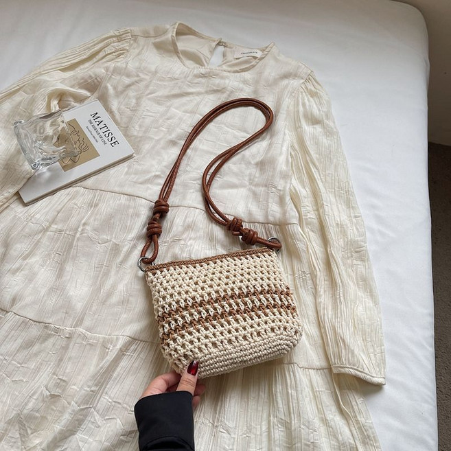 手工編織包包 女 夏 森系 時尚 單肩包 斜挎 沙灘包, 1個, 米白配卡其色不帶掛件