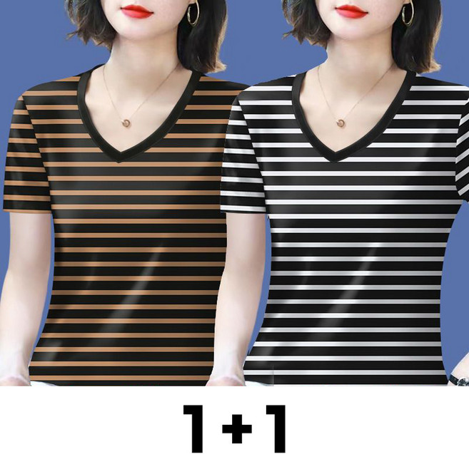 메인워크 1+1 중년 여성 브이넥 반팔 티셔츠 여름용 엄마룩 냉장고 스판 데일리 기질 스트라이프 아이스 쿨링 패션 상의 2매입