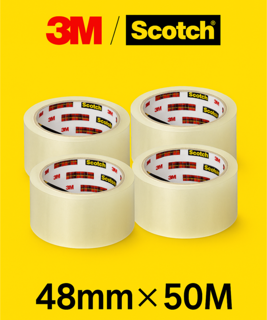 3M 스카치 박스테이프 48mm x 50m /투명 강력 접착 포장용 테이프 습기저항 무취 아크릴 점착제 택배 포장 밀봉 박스 테이프 Scotch packaging Tape, 4개, 투명