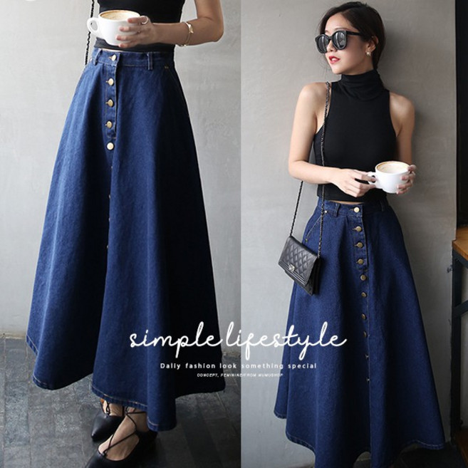 SISI復古經典森林系顯瘦牛仔高腰單排釦A字傘裙長裙