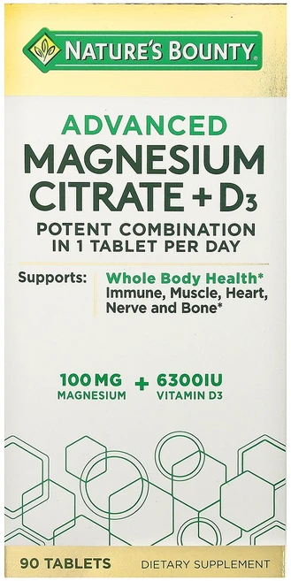 Nature's Bounty 어드밴스드 마그네슘시트레이트 + D3 90정 Bounty (네이처스 바운티), Nature's Bounty, 어드밴스드 마그네슘시트레, 1개 - 쿠팡
