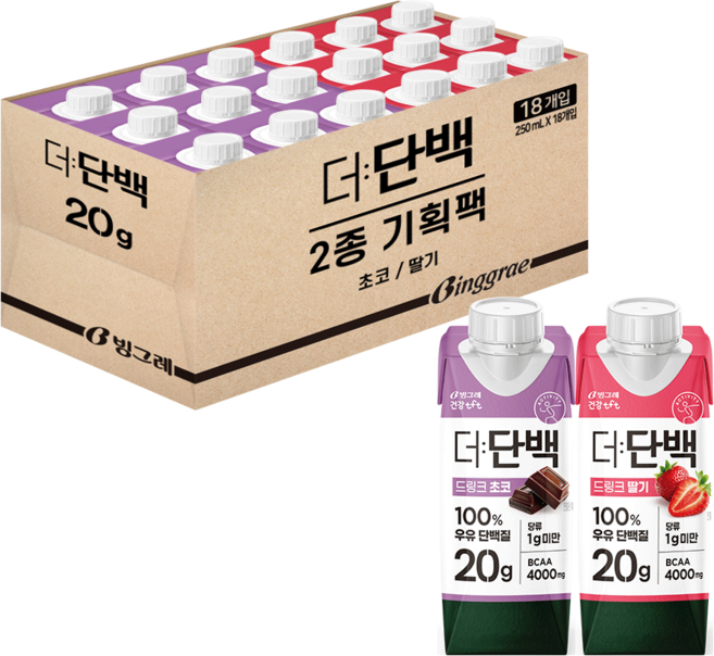 빙그레 더단백 드링크 프로틴음료 2종 혼합(초코9+딸기9) 총 18개, 초코9+딸기9, 250ml