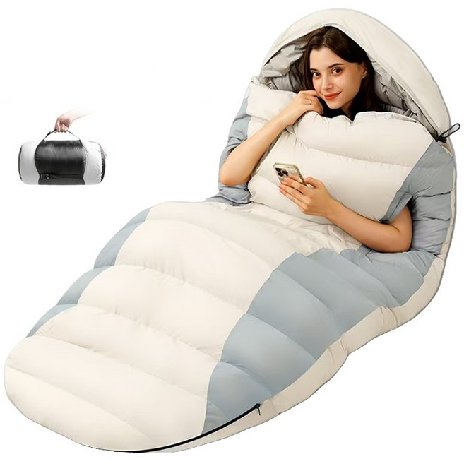 마르크첸 동계 겨울 베이스 캠핑 사계절 빅사이즈 오리털 침낭 2500g 방한 도톰 휴대용 여행 침낭 손을 뻗을 수 있는 후드 침낭, 1개, 베이지