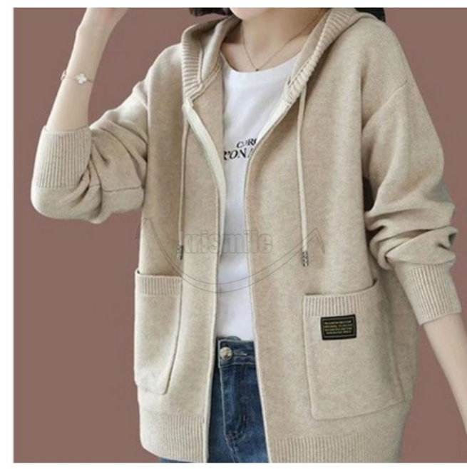 Krismile 여성 봄가을 후드 니트 카디건 아우터 패션 집업 니트 후드 가디건+Krismile
