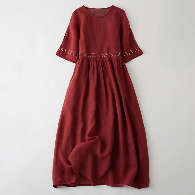 LUNATURE 여성 면마 자수 원피스 반팔 문예풍격 루즈핏 라운드넥