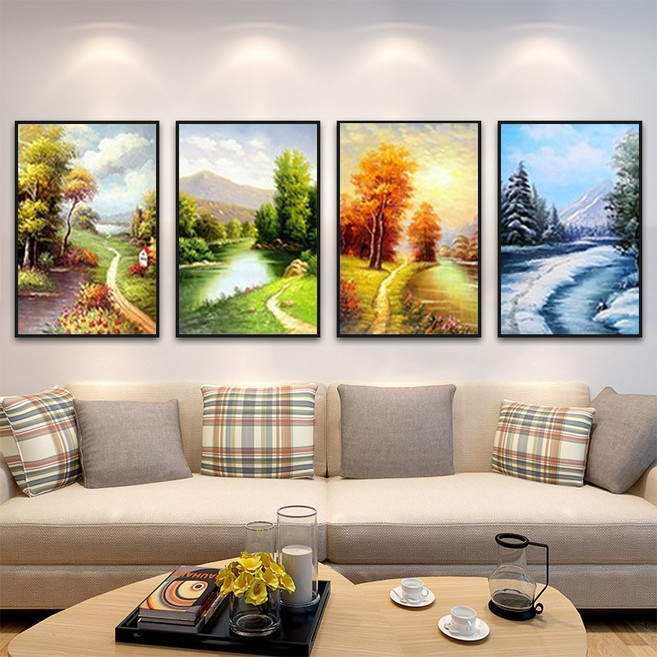 4개 세트 대형 사계절 보석십자수 풍경화 사계 봄 여름 가을 겨울 큐빅 비즈 구슬 십자수 만들기 DIY, 240x70cm
