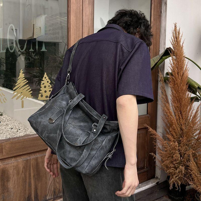 H7小眾時髦復古單肩斜挎大容量手提托特挎包男女日系通勤潮, 黑色,單包
