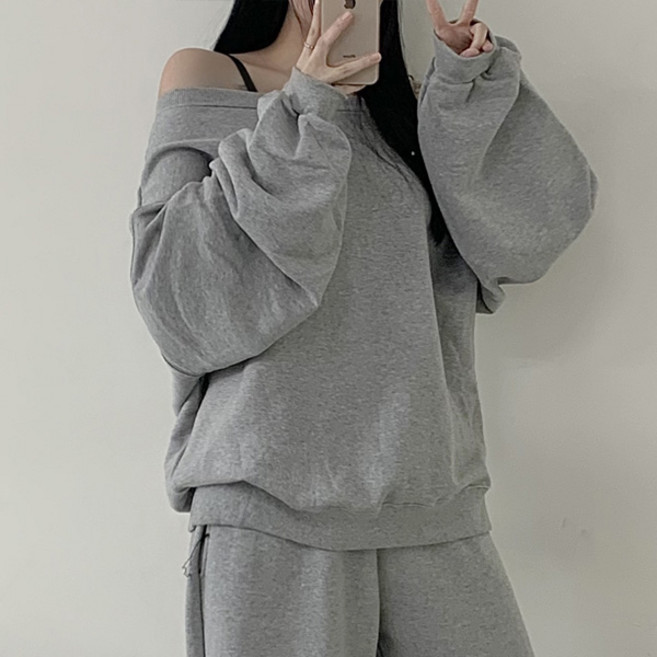 마이쏭 여성 빅사이즈 루즈핏 크링프링오프숄더맨투맨